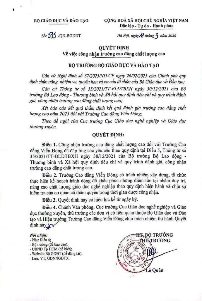 TRƯỜNG CAO ĐẲNG VIỄN ĐÔNG ĐẠT DANH HIỆU “TRƯỜNG CAO ĐẲNG CHẤT LƯỢNG CAO”