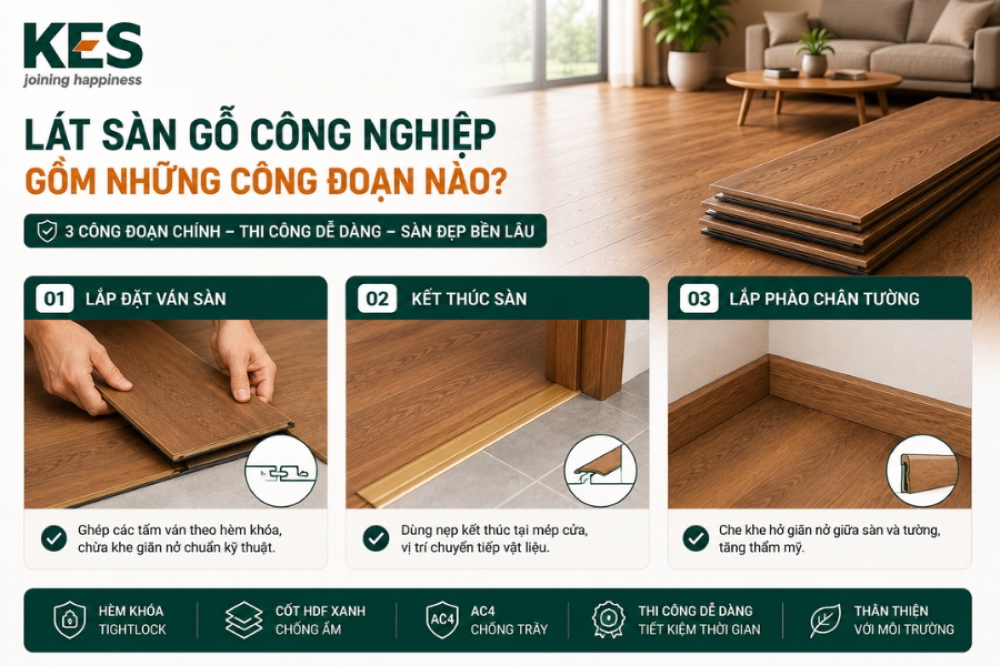 Lát sàn gỗ công nghiệp là quá trình thi công lắp ghép các tấm ván sàn