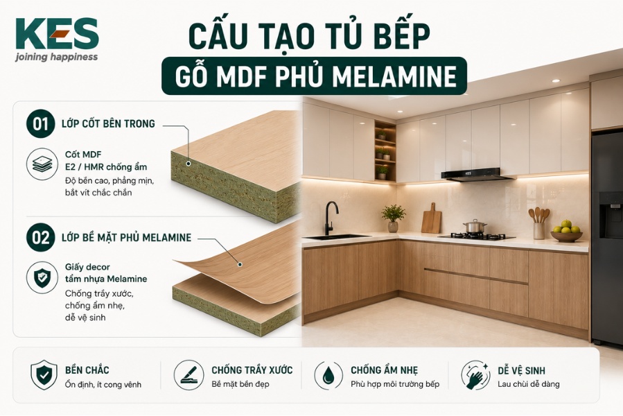 Cấu tạo tủ bếp gỗ MDF phủ Melamine