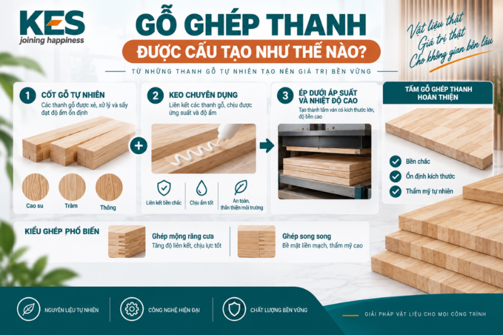 Gỗ ghép thanh có cấu tạo gồm 2 thành phần chính
