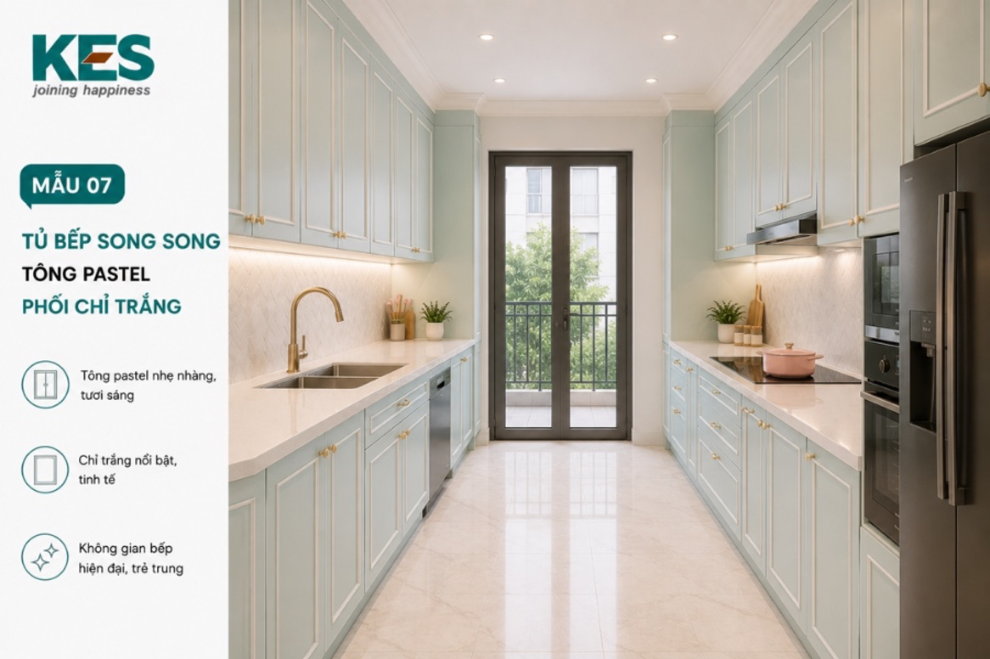 Tủ bếp song song tông pastel phối chỉ trắng Tủ bếp song song tông pastel phối chỉ trắng