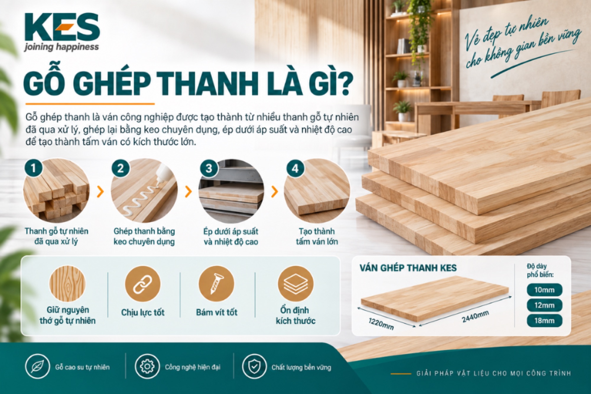 Gỗ ghép thanh là ván công nghiệp được tạo thành bằng cách ghép nhiều thanh gỗ tự nhiên 