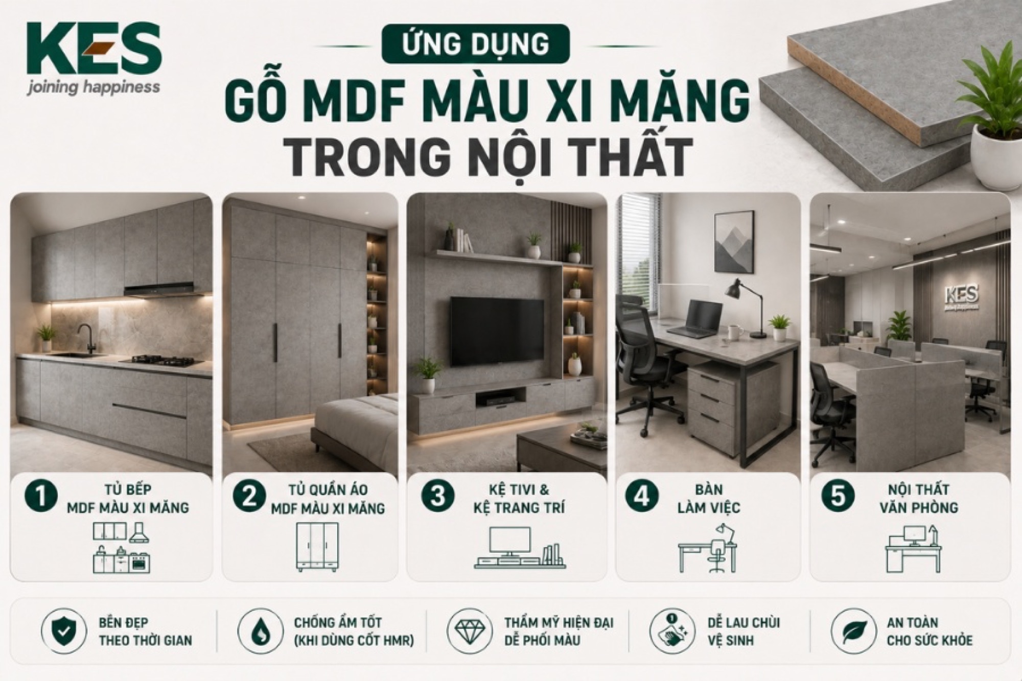 Ứng dụng của gỗ MDF màu xi măng trong nội thất Ứng dụng của gỗ MDF màu xi măng trong nội thất