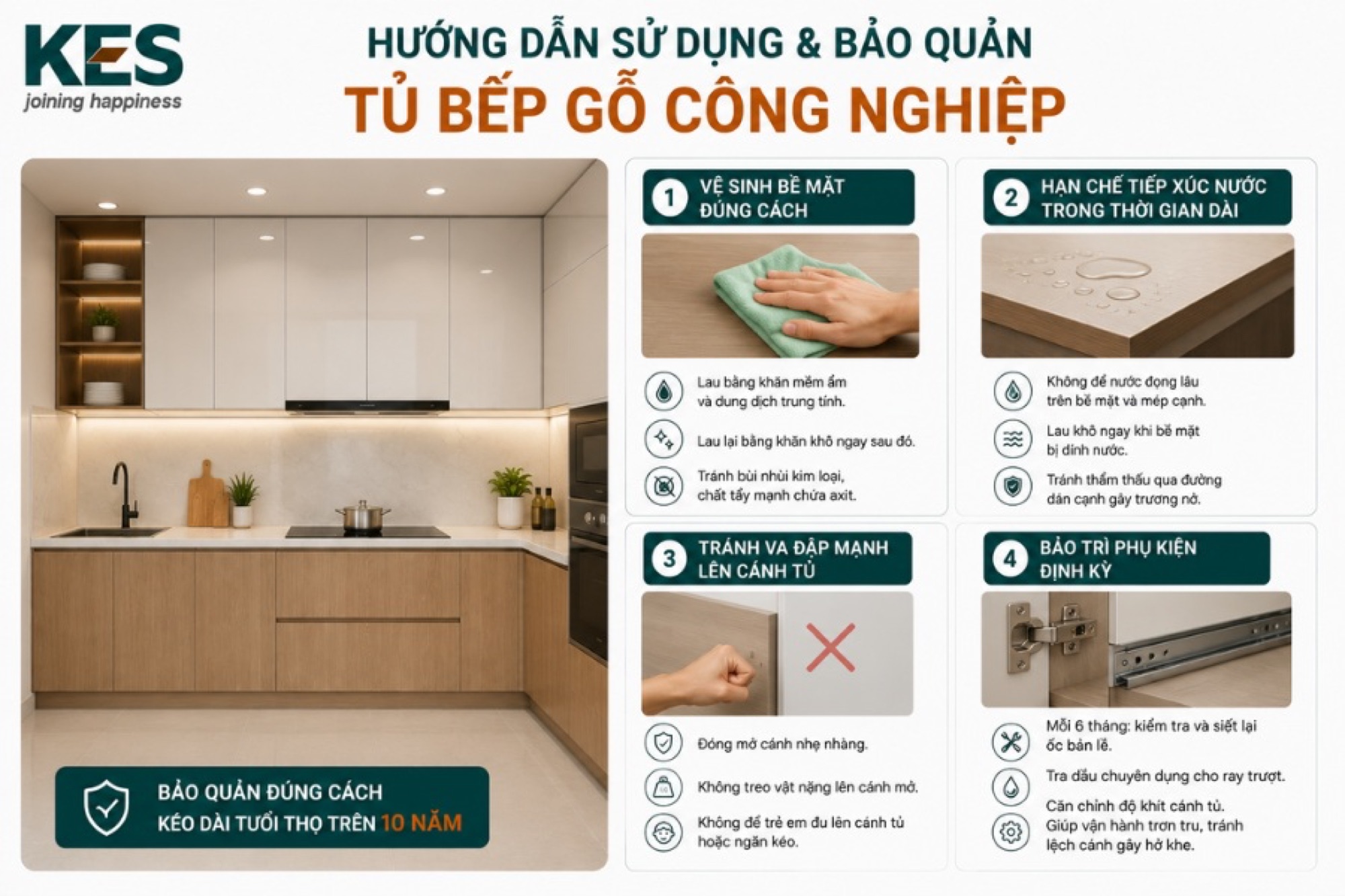 Hướng dẫn sử dụng và bảo quản tủ bếp gỗ công nghiệp