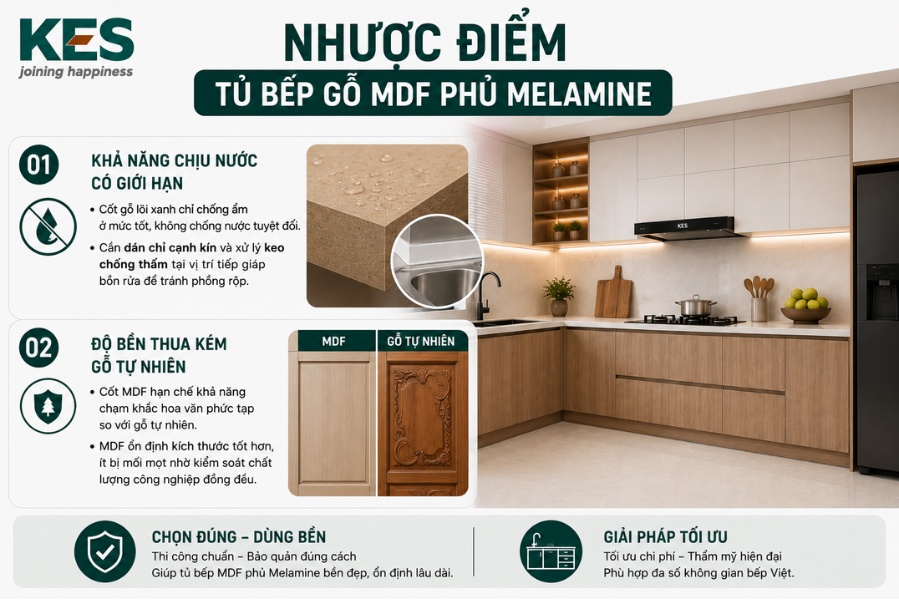 Nhược điểm của tủ bếp gỗ MDF phủ Melamine