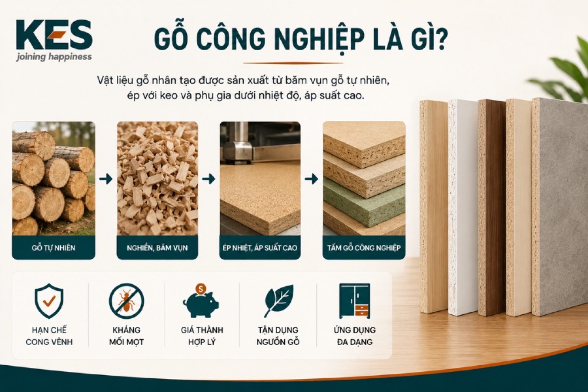 Gỗ công nghiệp là vật liệu gỗ nhân tạo được sản xuất bằng cách nghiền nhỏ