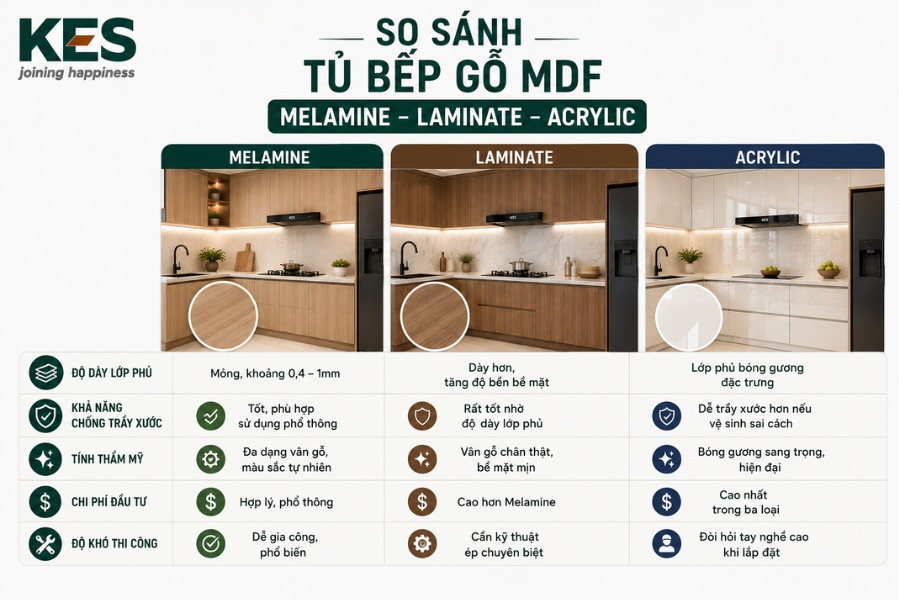 Tủ bếp gỗ MDF phủ Melamine tối ưu về chi phí và mẫu mã đa dạng