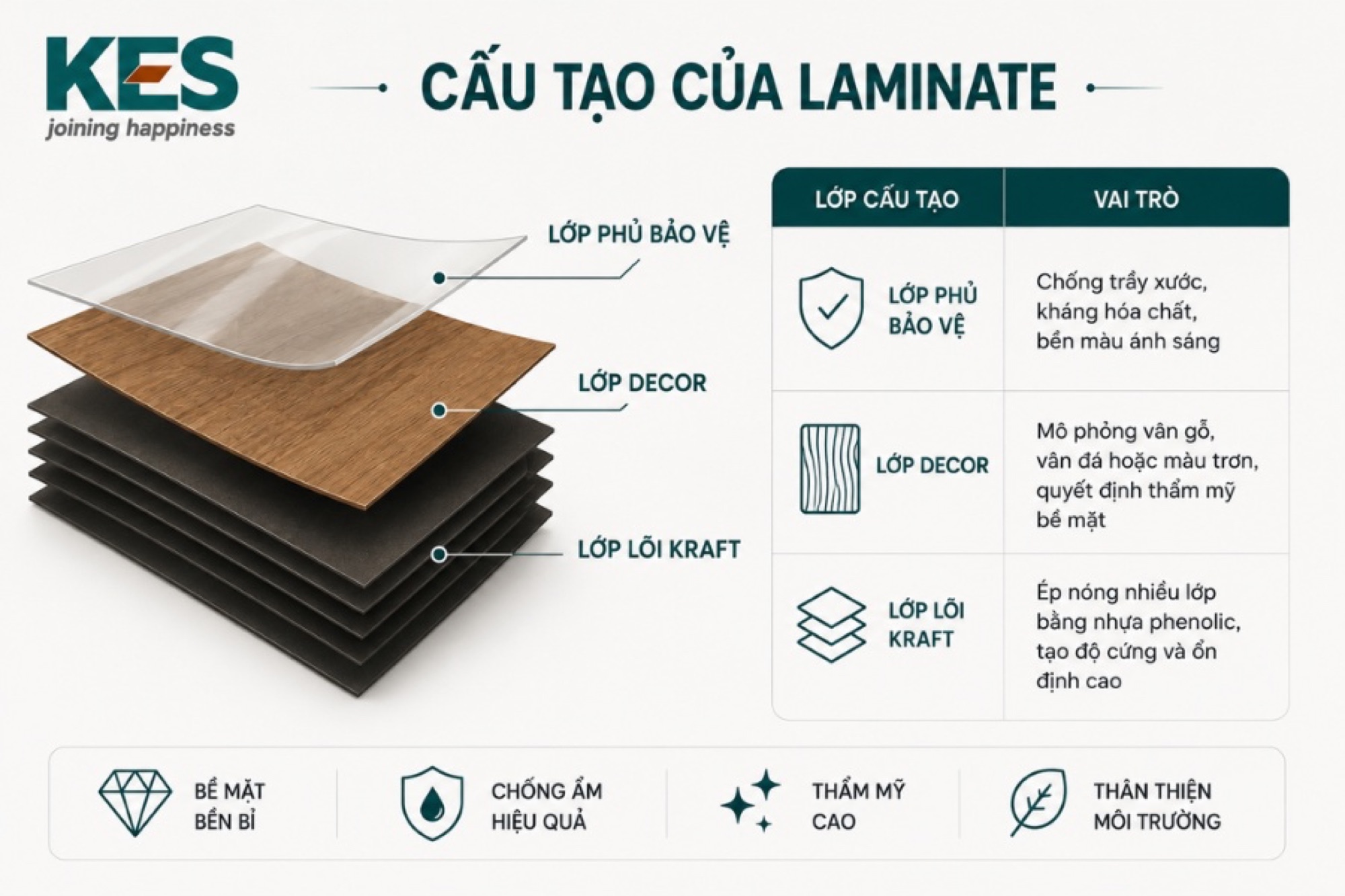 Laminate có cấu tạo gồm 3 lớp chính