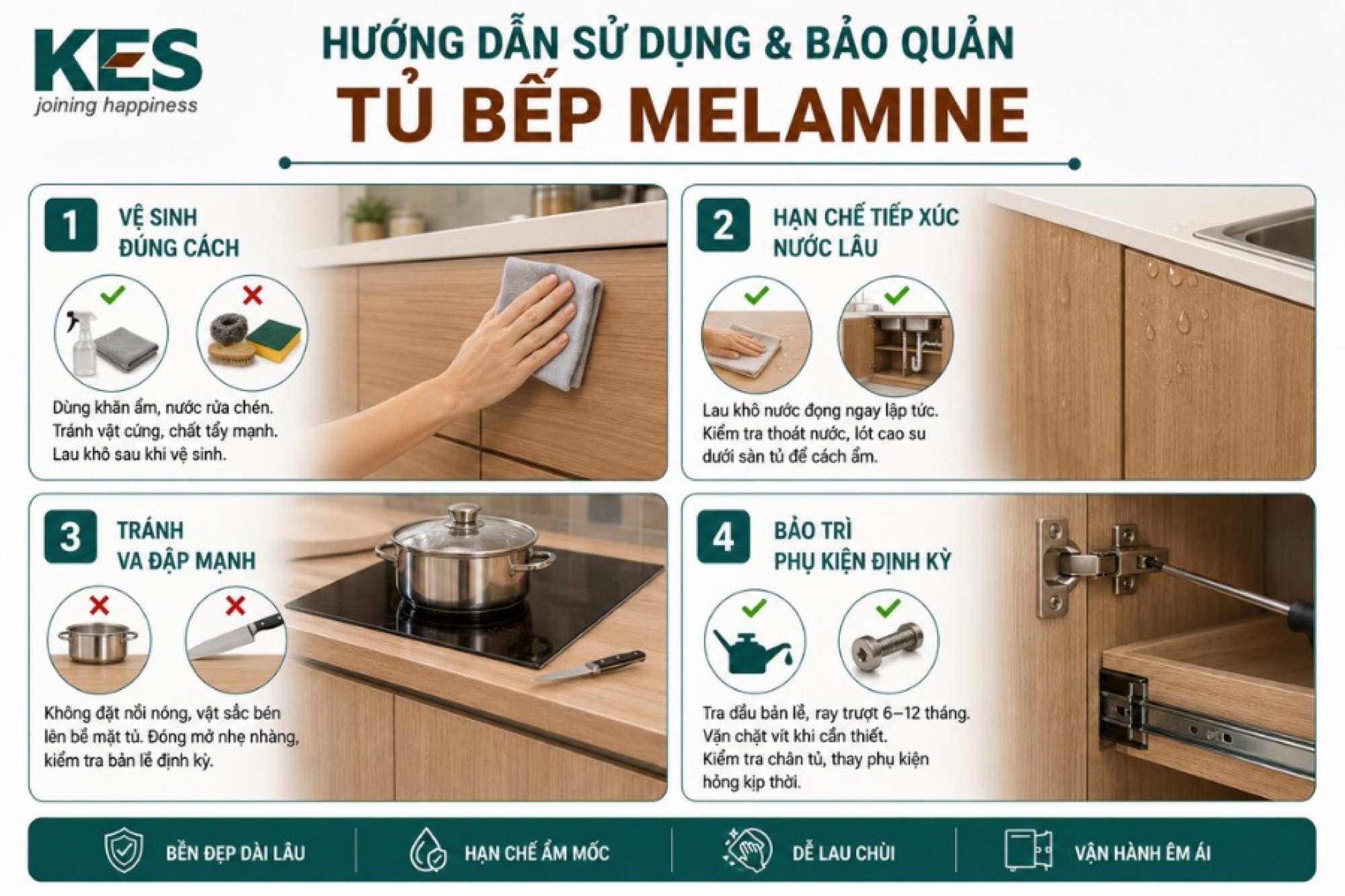 Hướng dẫn sử dụng và bảo quản tủ bếp Melamine