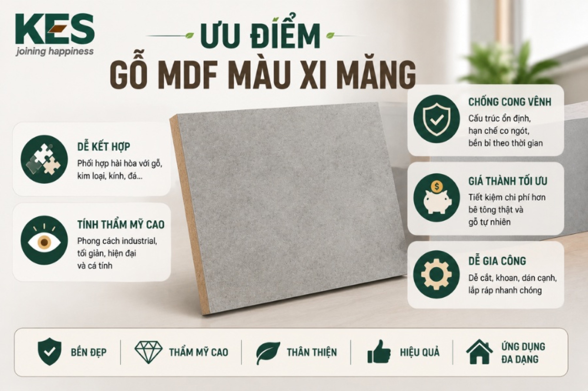 Ưu điểm của gỗ MDF màu xi măng Ưu điểm của gỗ MDF màu xi măng