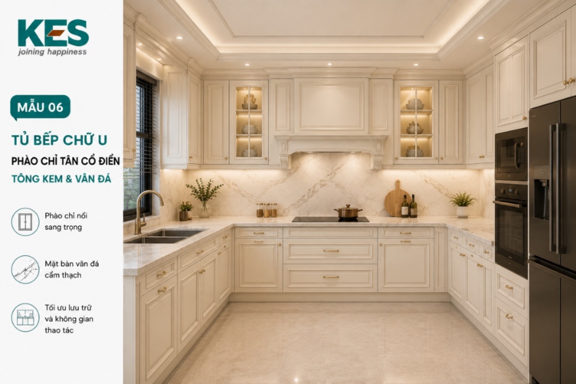 Tủ bếp chữ U họa tiết phào chỉ Tủ bếp chữ U họa tiết phào chỉ