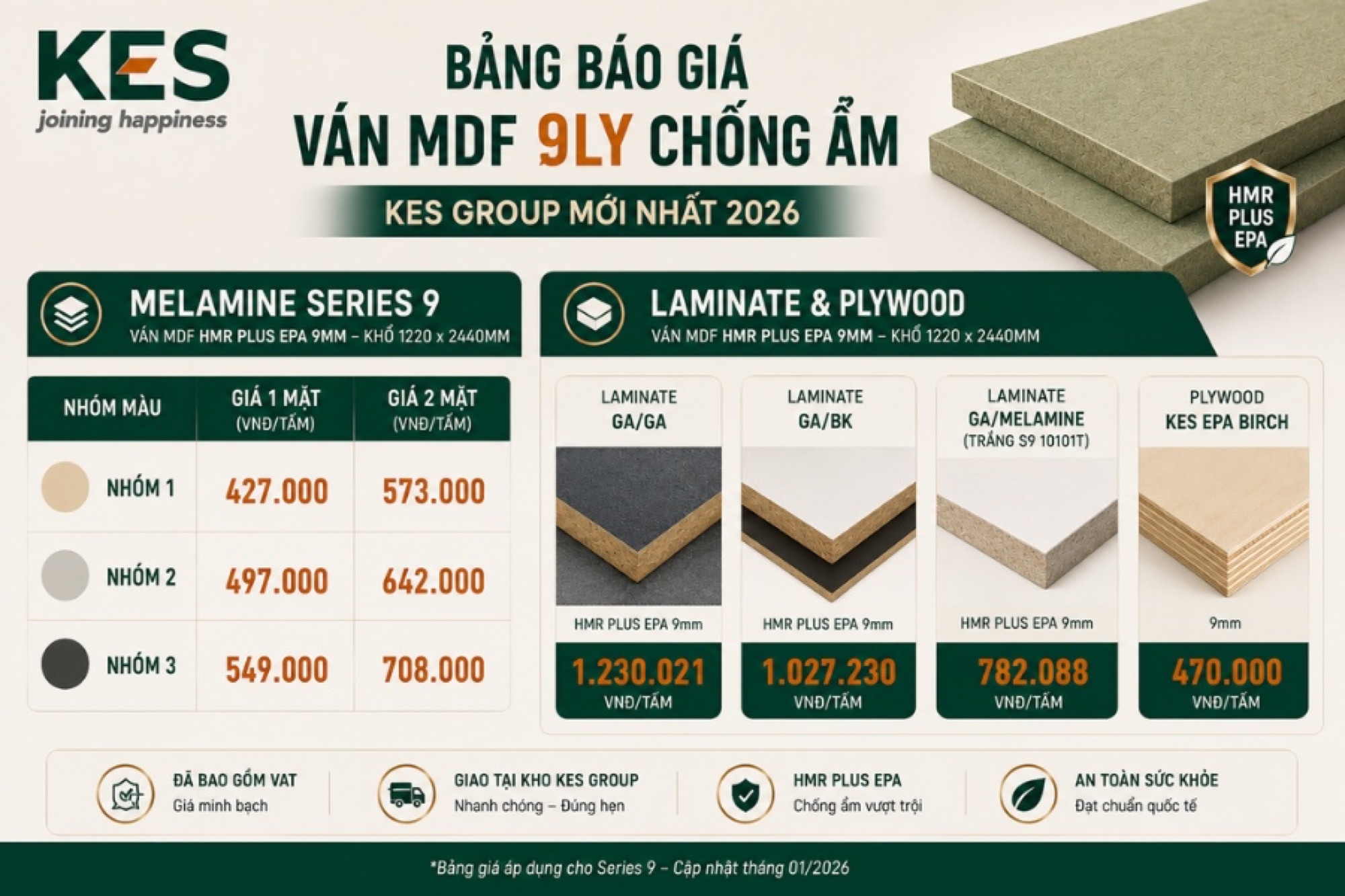 Bảng báo giá ván MDF 9ly chống ẩm KES Group Bảng báo giá ván MDF 9ly chống ẩm KES Group