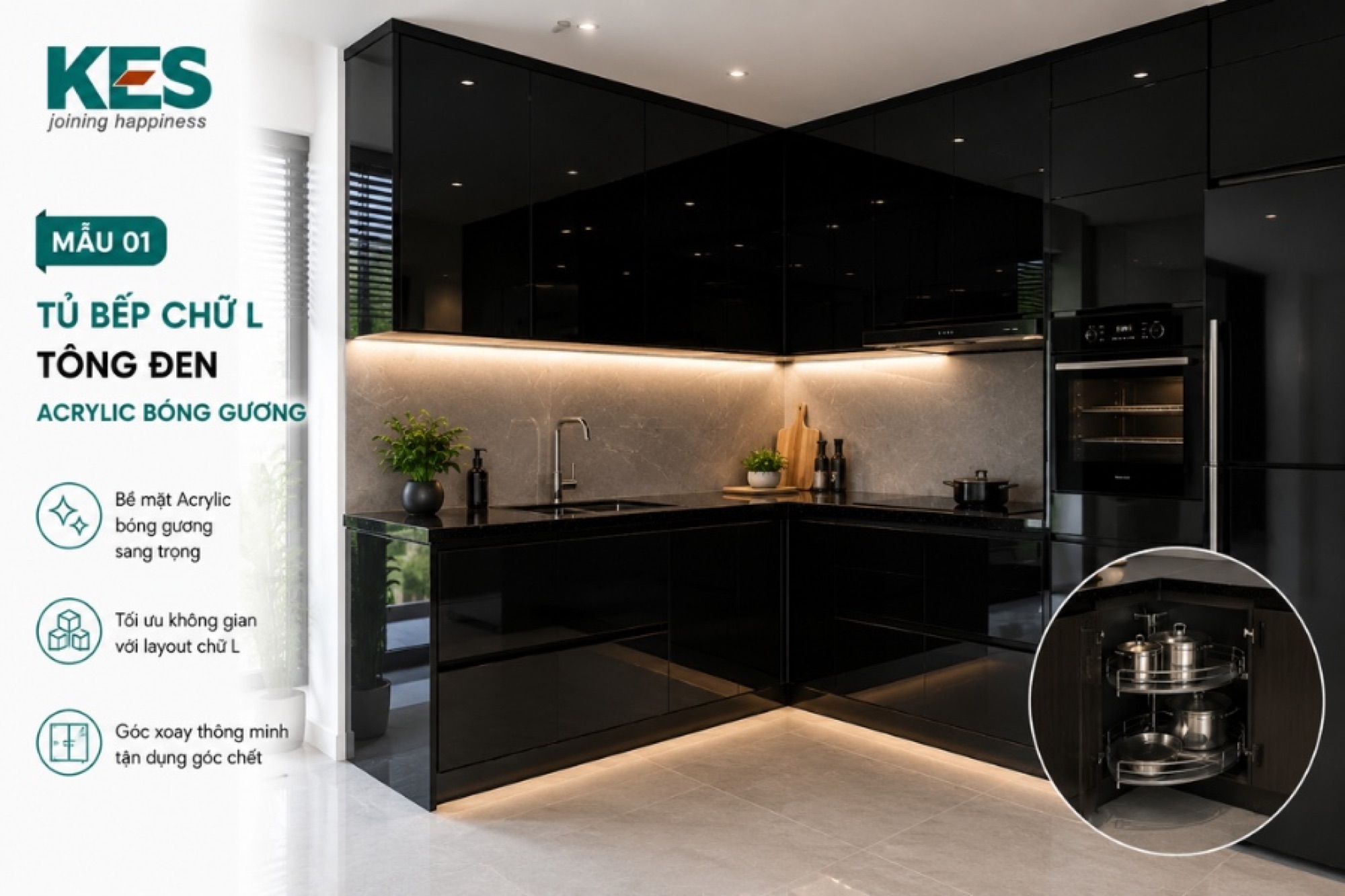 Tủ bếp chữ L tông đen phủ Acrylic bóng gương Tủ bếp chữ L tông đen phủ Acrylic bóng gương