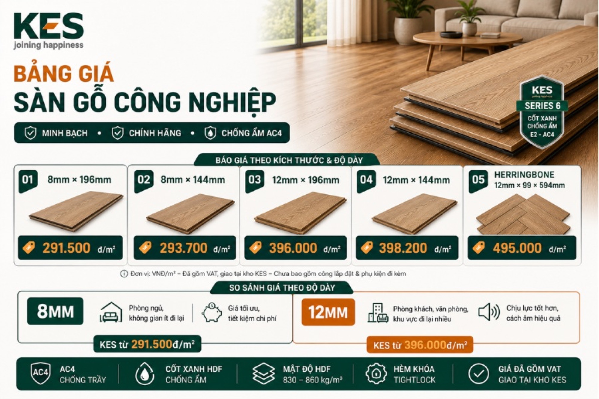 Bảng báo giá sàn gỗ công nghiệp theo kích thước và độ dày