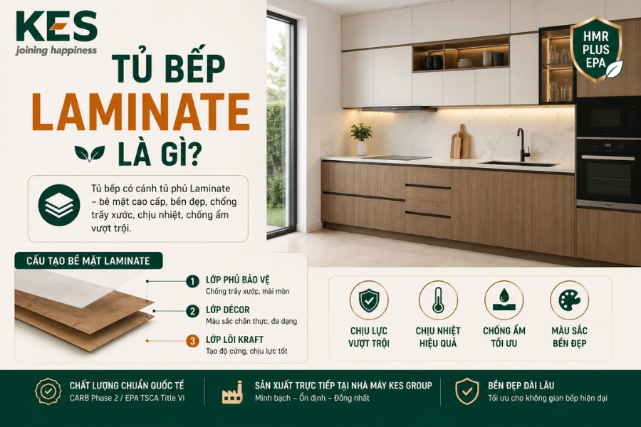 Tủ bếp Laminate là loại tủ bếp có cánh tủ được phủ bề mặt Laminate