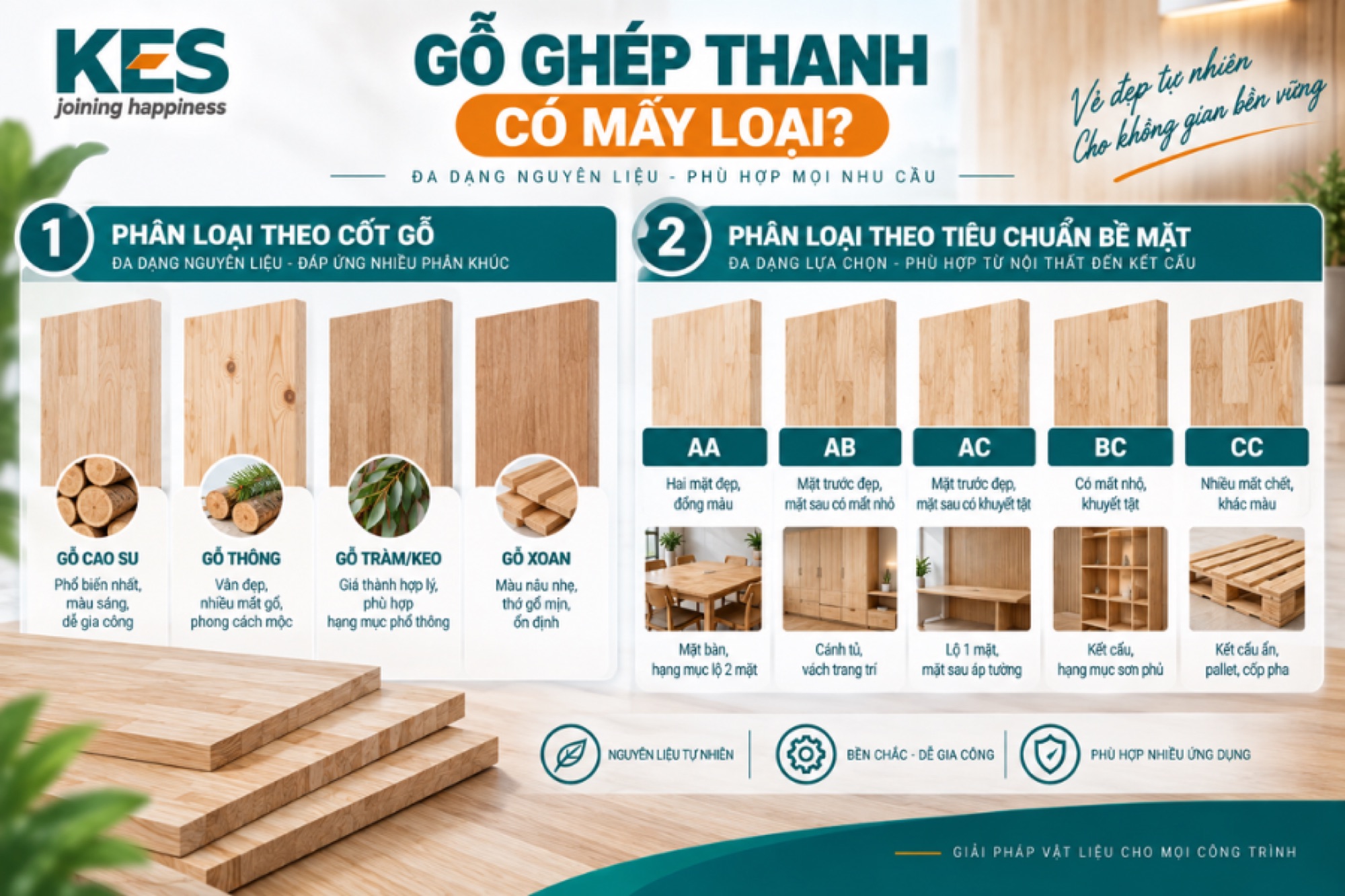 Gỗ ghép thanh được phân loại theo 2 tiêu chí