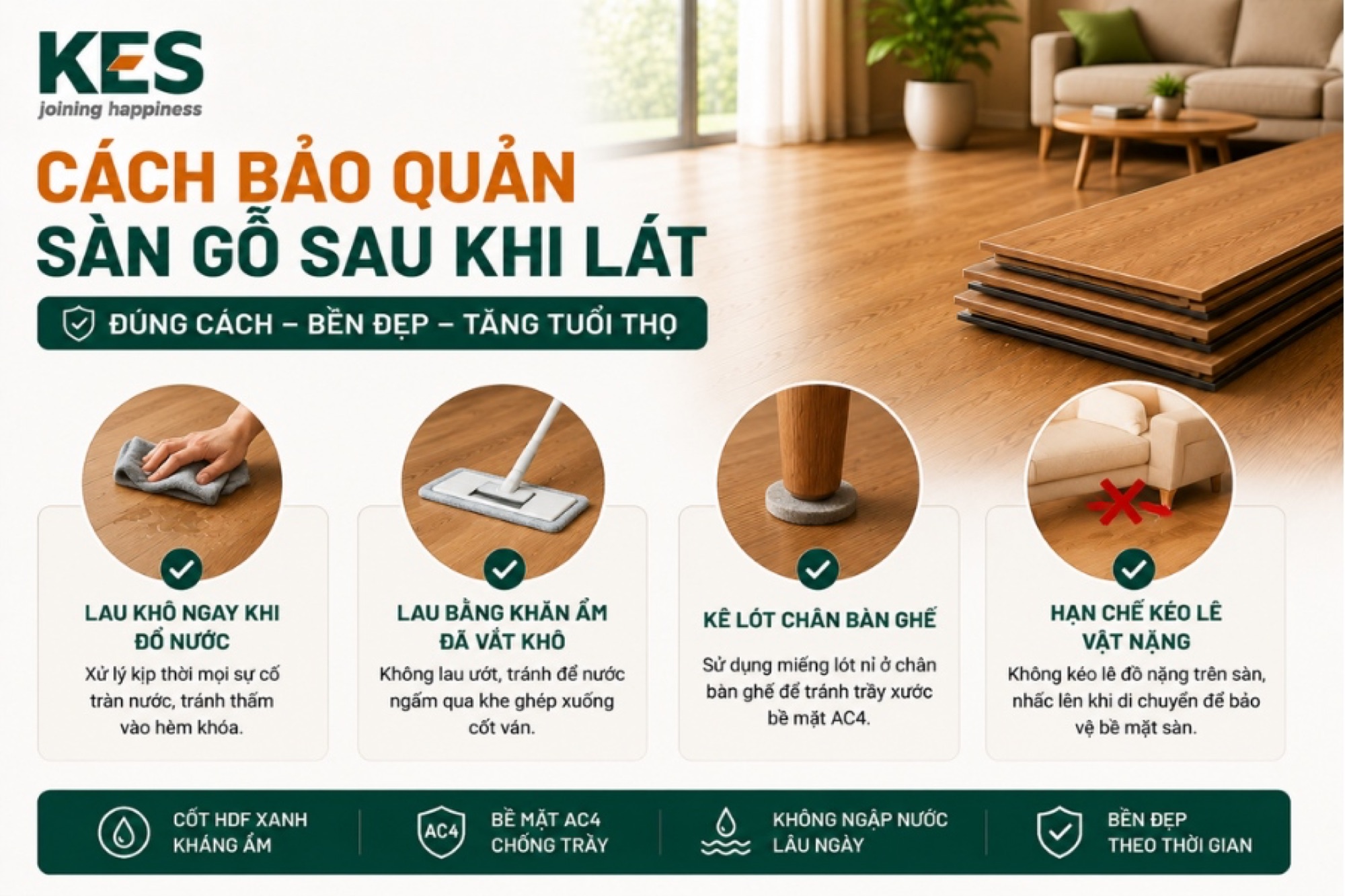 Cách bảo quản sàn gỗ sau khi lát để tăng tuổi thọ