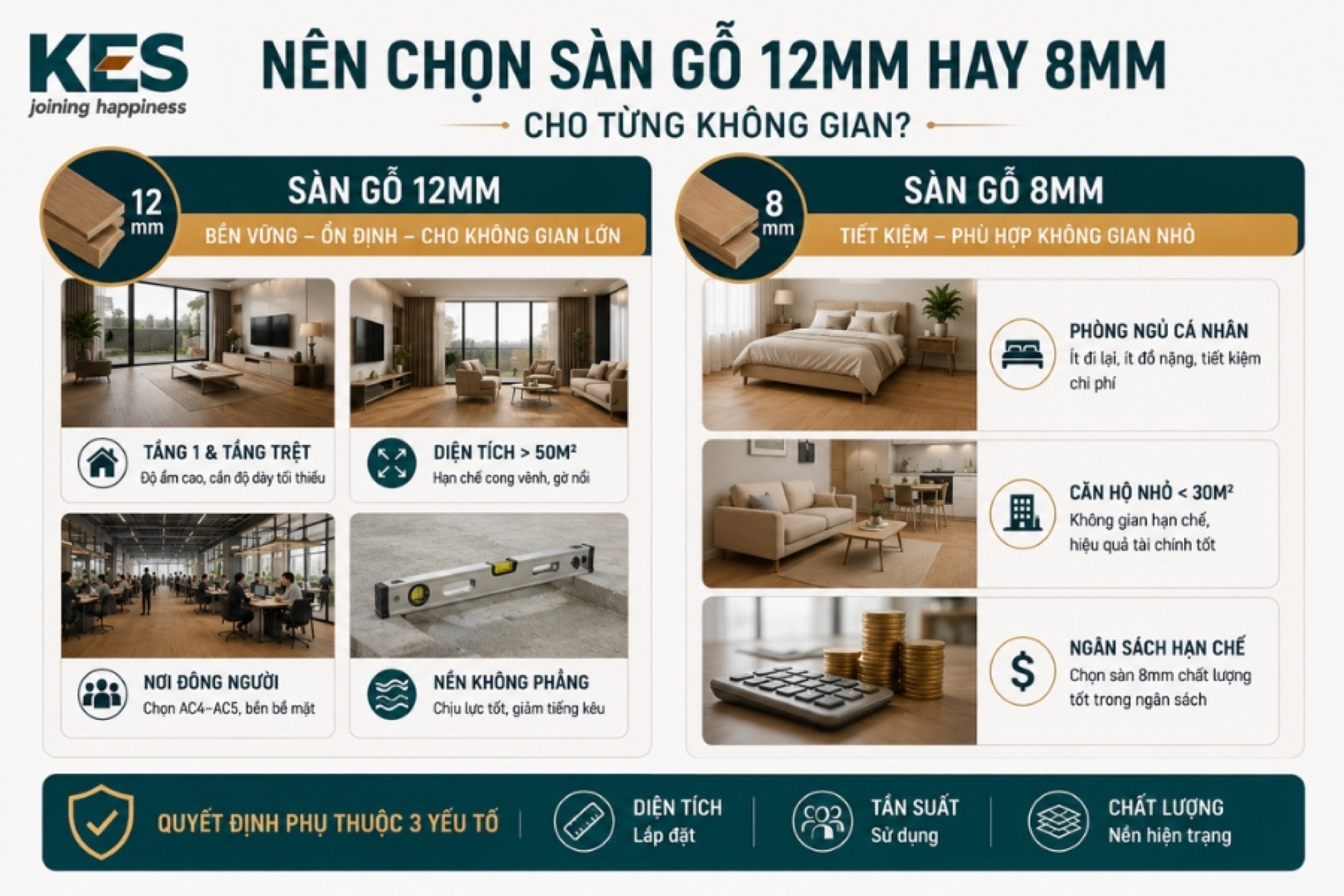 Nên chọn sàn gỗ 12mm hay 8mm cho từng không gian Nên chọn sàn gỗ 12mm hay 8mm cho từng không gian