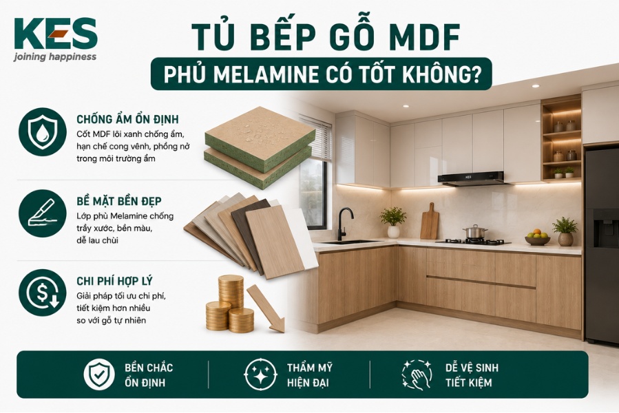 Tủ bếp gỗ MDF phủ Melamine là lựa chọn tốt cho không gian bếp hiện đại 