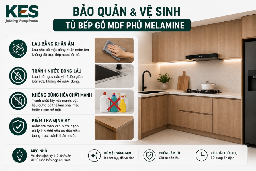 Nên bảo quản và vệ sinh tủ bếp gỗ MDF phủ Melamine đúng cách