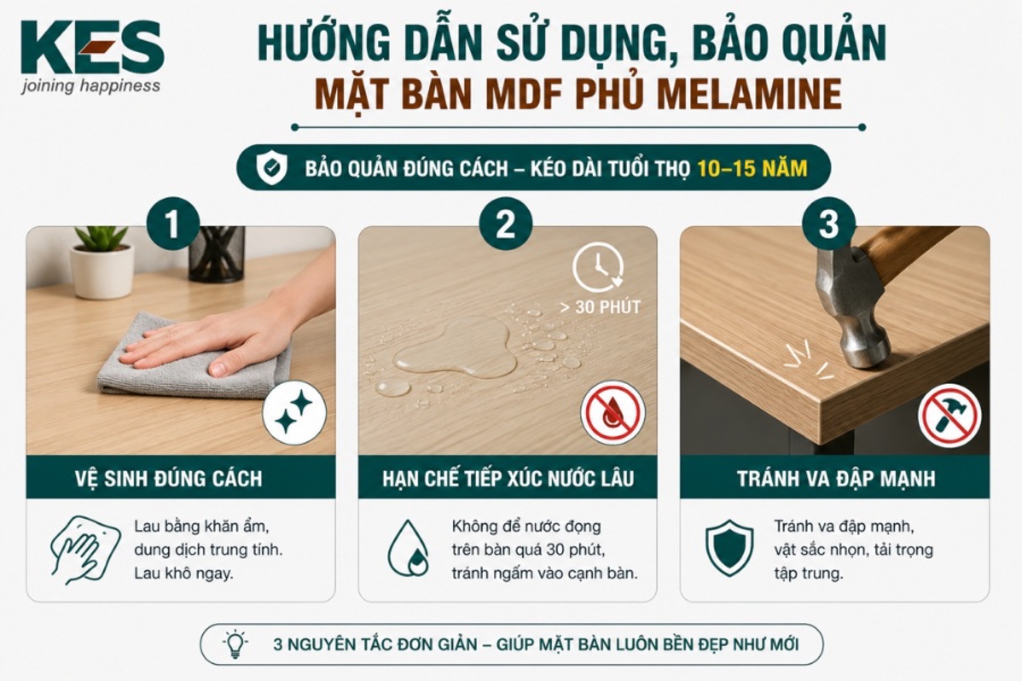 Bảo quản mặt bàn MDF phủ Melamine đúng cách