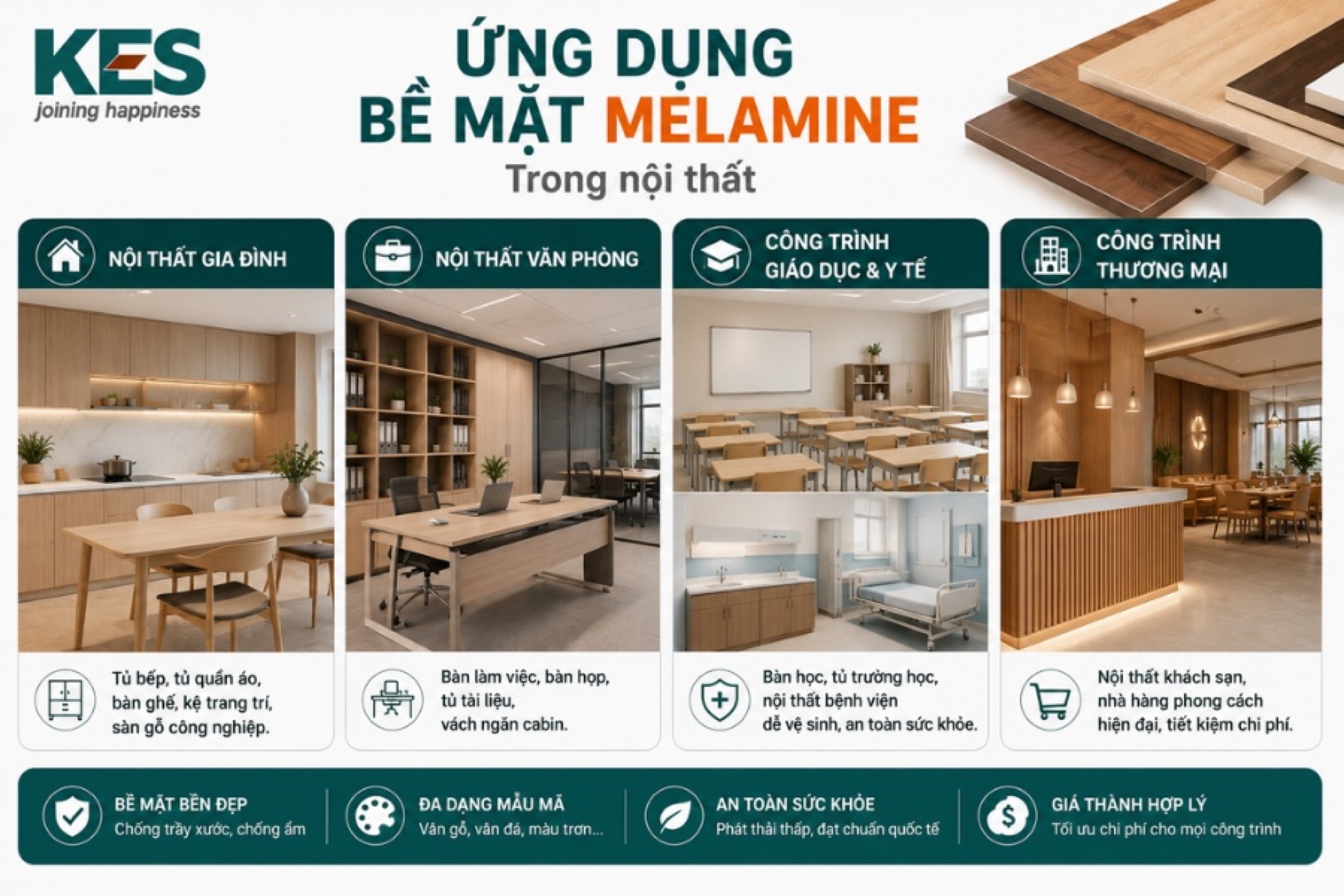 Bề mặt Melamine được ứng dụng rộng rãi Bề mặt Melamine được ứng dụng rộng rãi